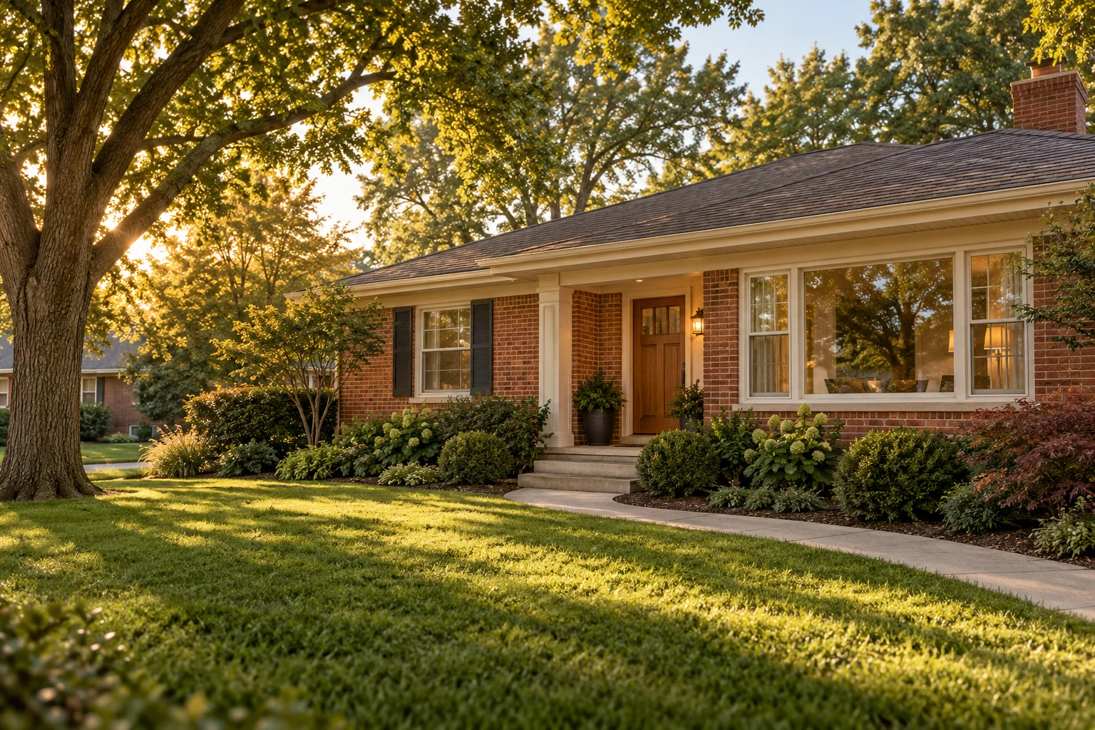 Illustrative concept of a welcoming brick home with a front garden